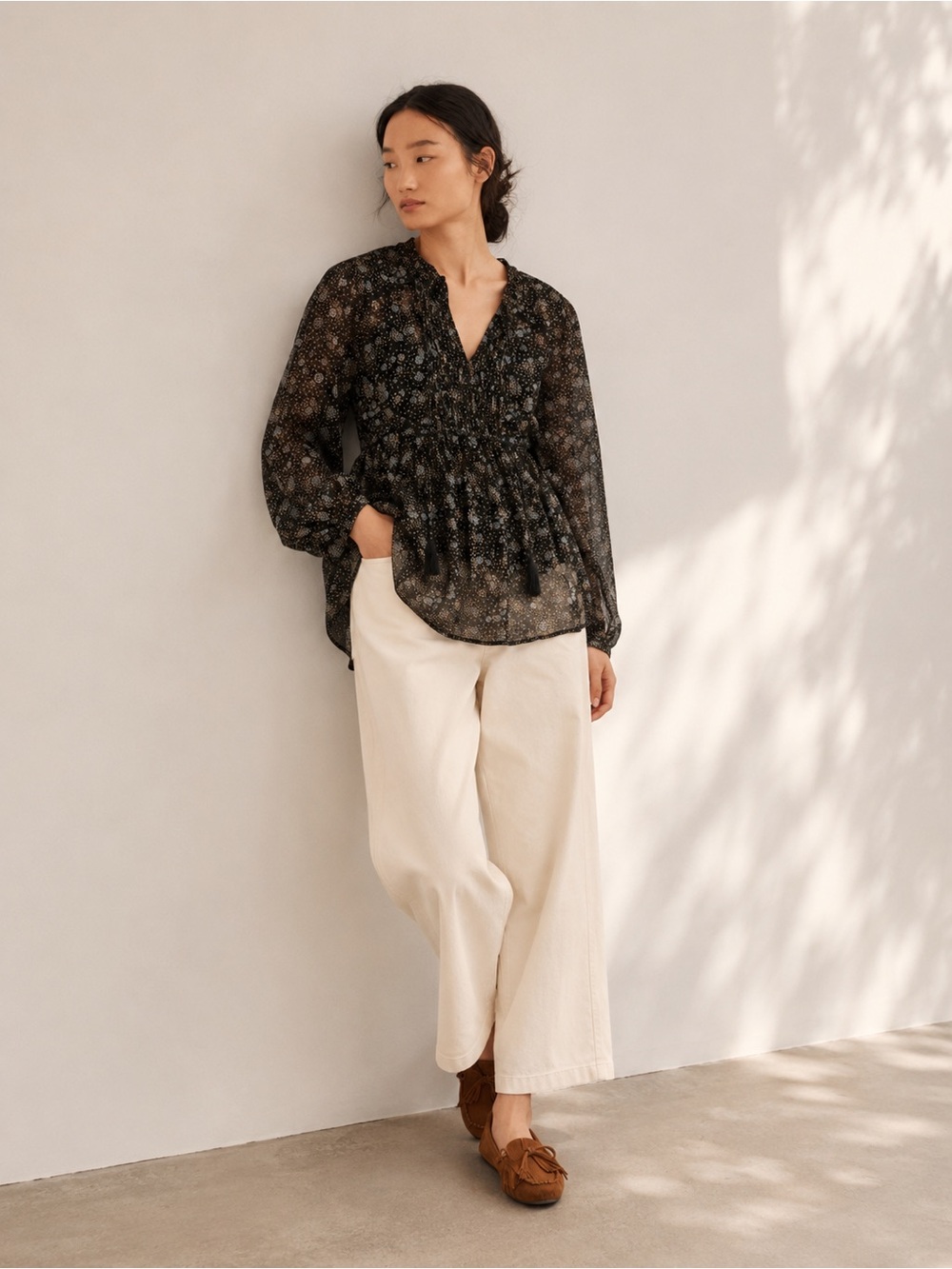 Monsoon Black Print Peasant Blouse Size M